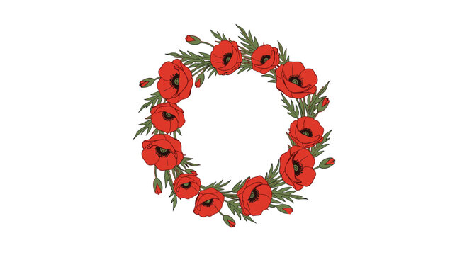 A vibrant circular wreath of red poppy flowers with green leaves and buds, beautifully illustrated against a clean white background.
