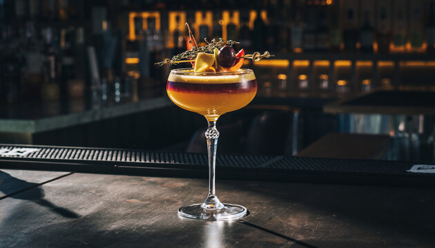 Elegant cocktail, styled with fruit and herbs, sits on a bar counter, lit dramatically. Perfect for menus, bar promotions, or lifestyle pieces about mixology and fine dining.