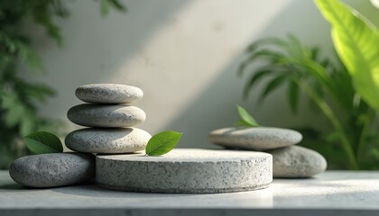 Stack of flat gray spa stones and round podium with green leaves on light surface. Natural beauty presentation setup with outdoor plants in soft light. Zen balance concept for wellness products.