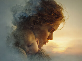 Tender moment of a mother holding her sleeping baby with a dreamy blend of nature and warm sunset sky reflecting deep love and peaceful serenity