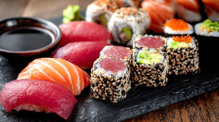 Assorted fresh sushi and maki rolls with sesame seeds and dipping sauce served on a black slate plate on a wooden table background