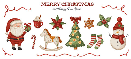 Christmas set with Santa, snowman character and vintage toy horse. Holiday xmas elements with texture