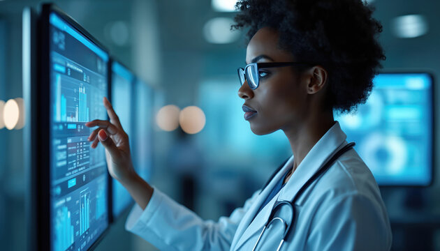 Black female doctor views medical data graphs on screen. Woman wears white coat and stethoscope, examines digital health info in dark office. Future medicine, science technology concept.