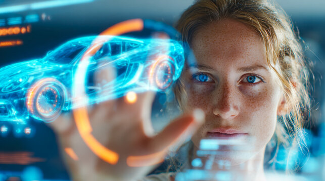Young woman interacting with a futuristic digital car display