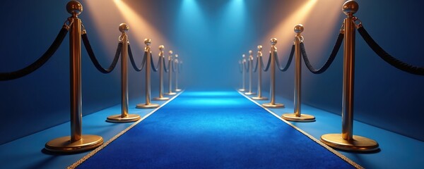 Ceremonial blue carpet with golden stanchions leads to a spotlight lit stage. The luxurious scene reflects elegance and anticipation for a special event. Perfect for awards galas and grand openings.