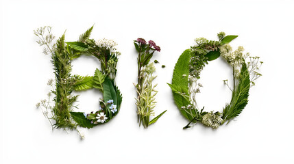 Natural floral typography forming the word BIO using fresh green leaves, wildflowers and botanical elements on a clean white background, eco-friendly organic design with vibrant detail
