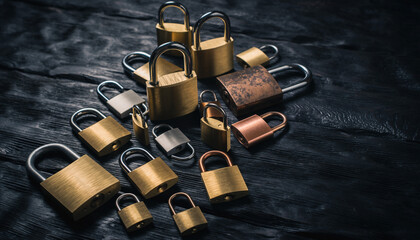 An array of padlocks in varying metallic finishes rests on a dark, textured surface. Symbolizing security, protection, and privacy. Great for concepts about digital safety, finance, and trust.