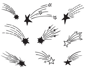 Shooting stars icons. Sky shooting stars with trails. Flying star with comet tail, set of falling star with trails. hand drawn illustration isolated on white