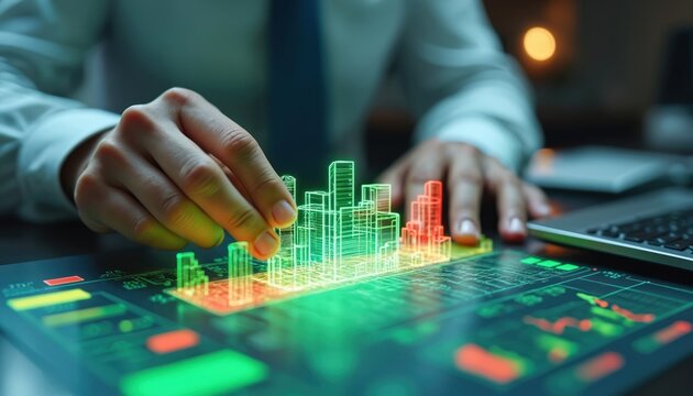 Person interacts with holographic city model displaying energy efficiency data. Buildings glow green, red indicating performance metrics, with charts on screen. Digital interface shows analytics for