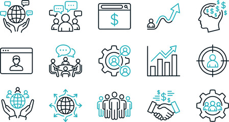 Business communication and teamwork icons collection illustrating global collaboration, financial growth, leadership, analytics, marketing strategy, and human resource management in modern line style.