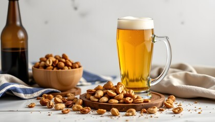 beer and roasted nuts for a celebration, plain backdrop