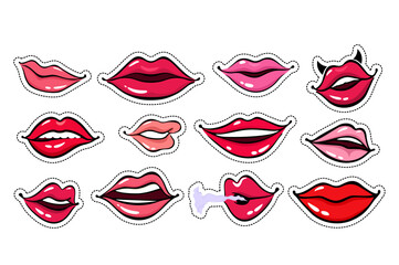 Vibrant lips sticker vector. Sticker pack with woman lips. Women lips in the pop art comics styles. Glossy female lips with dotted line contour