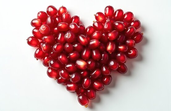 Close-up of pomegranate seeds arranged in heart shape on white background. Vibrant red berries symbolize affection, wellness. Image represents love health, natural goodness perfect for food lifestyle