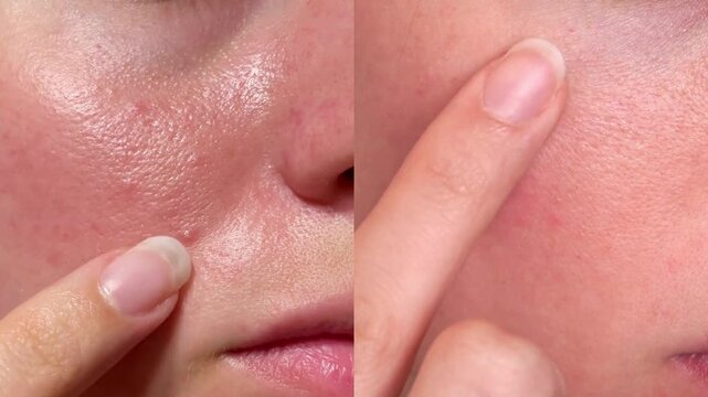 Macro close-up of real facial skin texture, pores and redness with finger touch. Ideal for skincare, dermatology, cosmetic products, before-after comparison and beauty industry visuals.