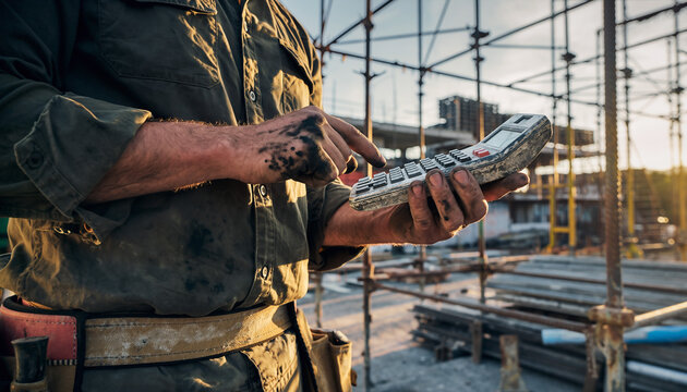 Focused shot of a construction worker calculating expenses on a calculator at the construction site. Symbolizes hard work, precision, and financial planning in building projects.