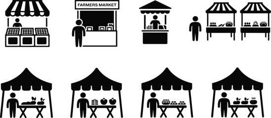 Farmers Market Stalls Vector Icon Set, Vendor Booths, Produce Tents, Agriculture Black Silhouette Pictograms, Local Food Retail Graphic Design © MdMajnur