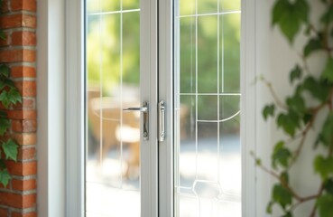 Newly installed white PVC double glazed door stylish leaded glass panels. Modern silver handle, secure lock system seen. Brick wall with green ivy plants frames residential home entry. Outdoor garden