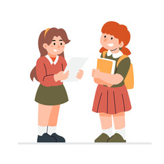 Two Schoolgirls Talking and Reading Paper Characters Illustration