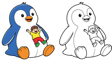 Happy little boy sliding on giant blue penguin belly Vector illustration of cute kid playing with animal with black and white outline for coloring book page.