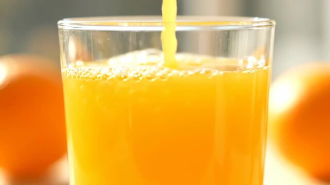 Orange juice being poured into a glass ready to drink