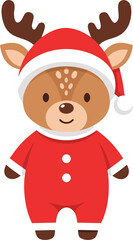 A festive vector illustration of a cute baby reindeer wearing a red Santa Claus costume, a charming character for Christmas holiday designs