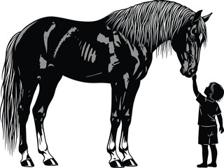 Silhouette of child touching horse face, black vector illustration, animal interaction, trust moment, gentle connection, outdoor scene