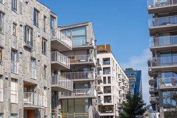 Modern apartment buildings in a development area seen in Oslo, Norway