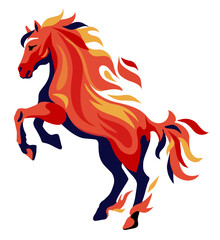 Fiery horse. Year of the horse with burning fire concept on a white background. The horse reared up