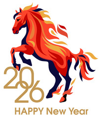 Fiery horse isolated on a white background. Year of the horse with burning fire concept on a white background. New year 2026. Happy New Year!
