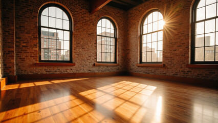Bright sunlight streams through large windows in spacious room with exposed brick walls and wooden flooring, creating warm and inviting atmosphere