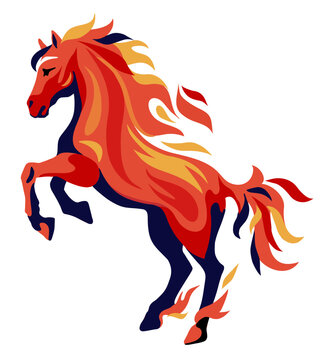 Fiery horse. Year of the horse with burning fire concept on a white background. The horse reared up