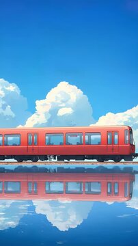 Anime style red train travels above still water reflecting a bright blue sky with white clouds