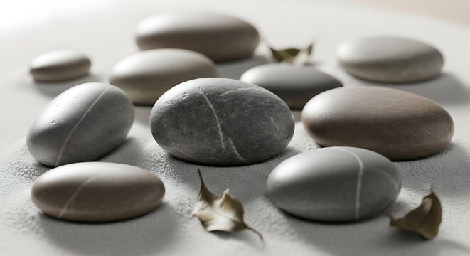Smooth River Stones and Dry Leaves on Light Sand - Powered by Adobe