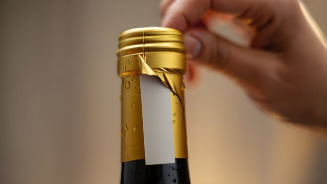 Hand Peeling Gold Foil Capsule from Champagne Bottle Close-Up - Powered by Adobe