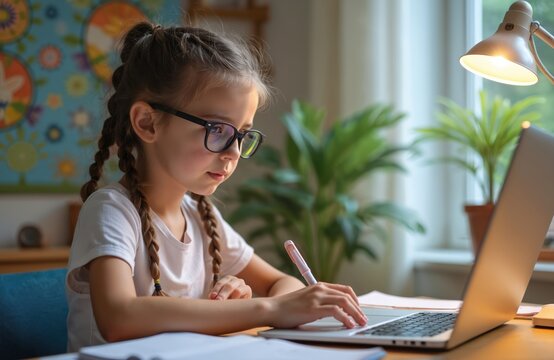 Young girl in glasses studying at home using laptop. She works on online lessons doing homework. Child looks at screen writing with pen. Distance education during quarantine.