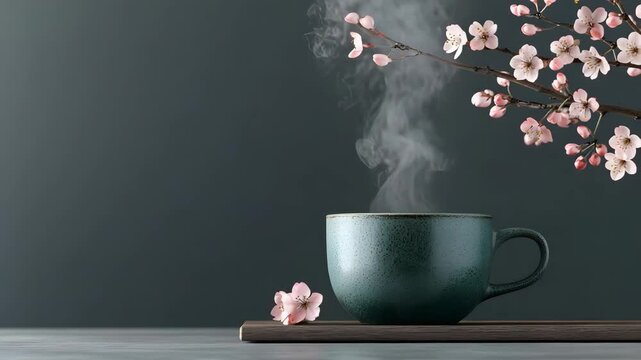 Steaming teal ceramic cup rests on a dark wooden coaster beside pink cherry blossoms against a gray background
