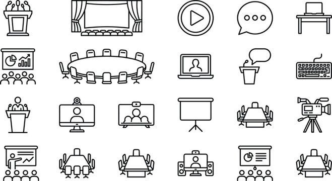 Conference and presentation icons illustrating meetings, public speaking, video conferencing, business training, communication tools, and professional event setups in clean line style