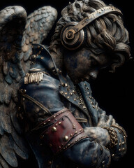 Detailed steampunk angel statue wearing worn leather jacket and metallic headphones, dramatic dark background, expressive emotional pose with folded arms, intricate textures, wings and brass elements
