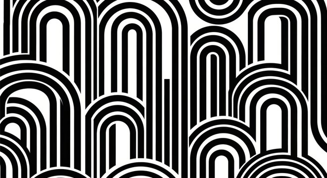 Monochrome archway harmony abstract vector seamless pattern with bold linear elements creating