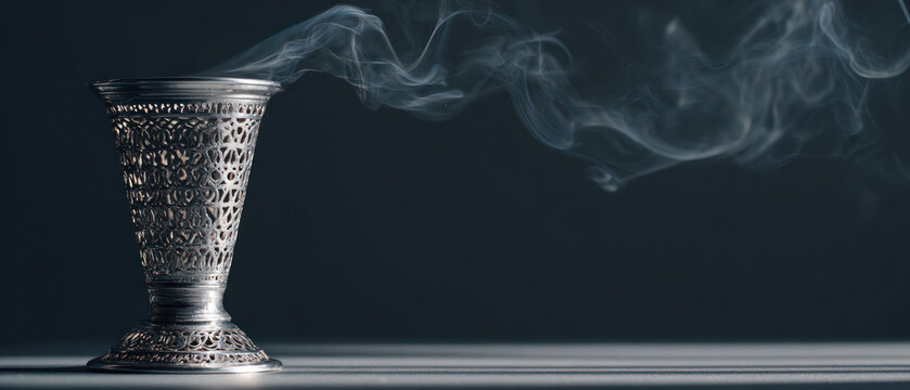 Elegant silver incense burner releasing swirling smoke, photographed against a dark background, symbolizing ritual, elegance, and tranquility.
