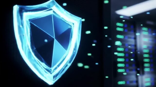 Glowing blue shield icon representing digital security in front of server racks.