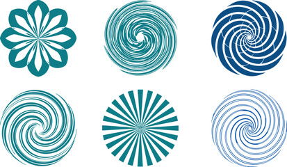 Abstract circular icon vector illustration, spiral, vortex, radial burst, flower loop, geometric pattern set for design and branding