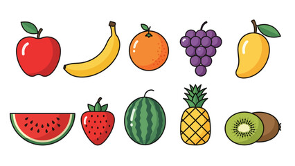 Illustration of various fruits including apple, banana, orange, grapes, mango, watermelon, strawberry, pineapple, and kiwi.