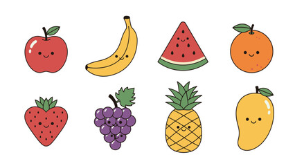 Cartoon illustration of various fruits including apple, banana, watermelon, orange, strawberry, grapes, pineapple, and mango.