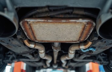 Car on lift in workshop for maintenance service. Close-up of rusty exhaust system with muffler, pipes. Automobile repair technical inspection of vehicle bottom, undercarriage, chassis. Catalytic