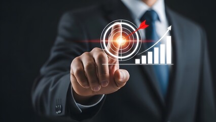 Businessman s hand interacting with futuristic growth chart and target interface