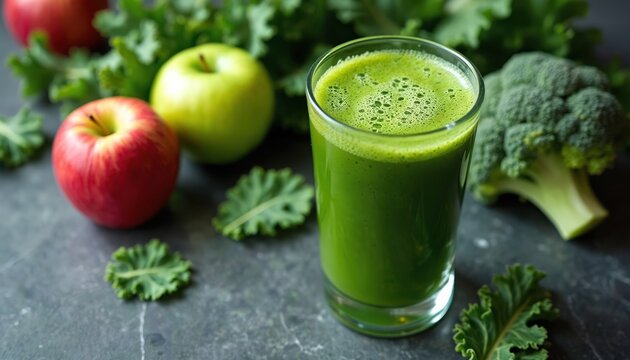 Vibrant green juice glass stands on dark table. Fresh red, green apples, crisp kale leaves, broccoli florets surround healthy veggie drink. Natural blend offers good nutrition, diet, wellness, raw