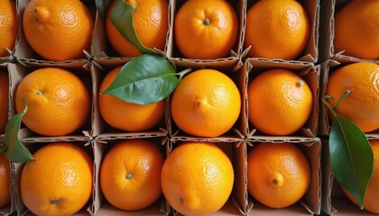 Oranges arranged in cardboard boxes ready for market sale. Bright orange citrus fruits display freshness and ripeness. Close up photo of oranges in boxes with leaves.