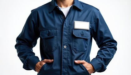 Man in navy mechanic uniform mockup with blank name badge. The workwear jacket has pockets. Isolated photo of professional work apparel against white backdrop.
