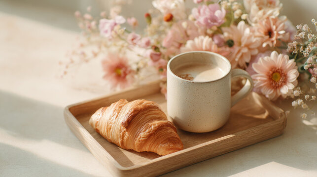 Cozy 8 March breakfast treat with coffee, croissant, and pastel flowers on a wooden tray, celebrating Women's Day in soft sunlight.
